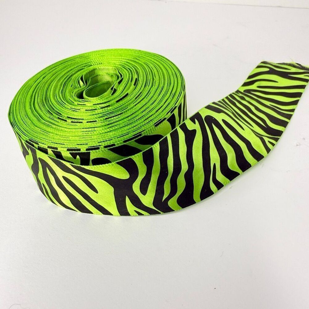 1.5” Neon Green Zebra Print Cloth Ribbon Full Roll Length Unk Craft Sewing Trim